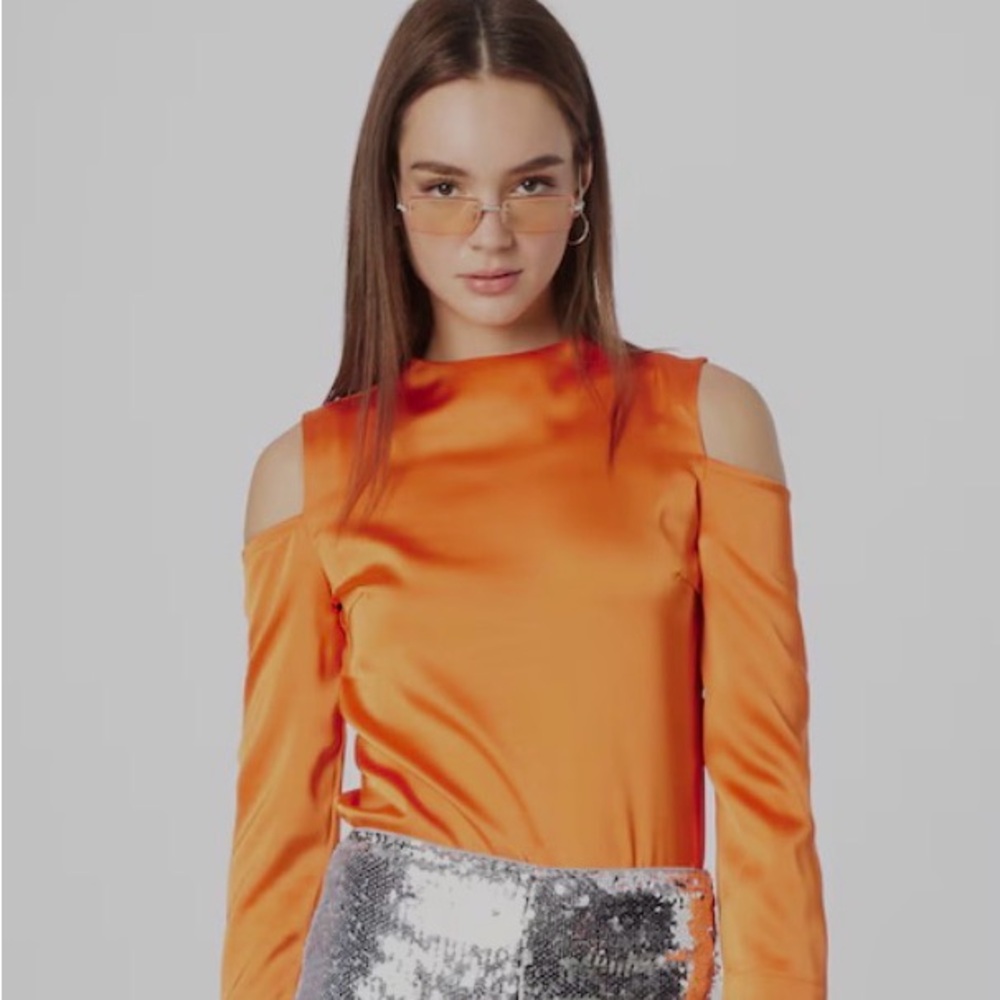 OVAL SQUARE Orange Cold Shoulder Women's Satin Orange Blouse size Small NWT's